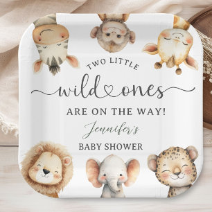Wild One Safari-Tiere Zwillings-Baby-Party Pappteller