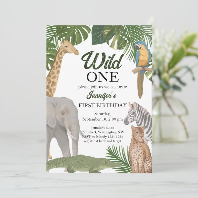 Wild One Safari Tropic zum Geburtstag Einladung (Stehend Vorderseite)