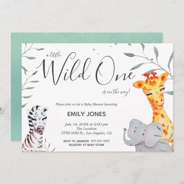 Wild One Safari Watercolor Kinderdusche Einladung (Vorne/Hinten)
