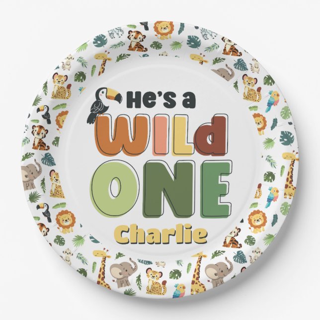 Wild One Safari Zoo Animal Birthday Party Pappteller (Vorderseite)