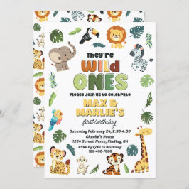 Wild One Safari Zoo Animal Birthday Party, Twins Einladung