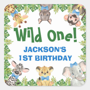Wild One Safari Zoo Animals Boy First Geburtstag Quadratischer Aufkleber