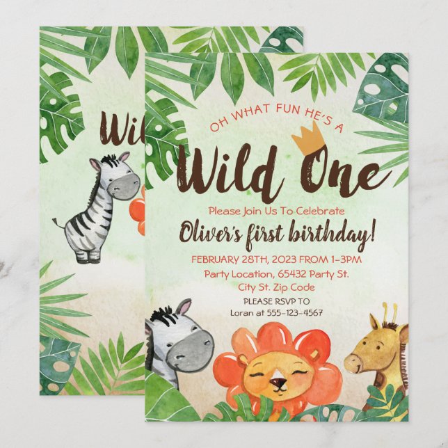 Wild One, Safari zum ersten Geburtstag Einladung (Vorne/Hinten)