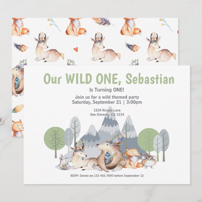 Wild One Süße Tier als Geburtstag Einladung (Vorne/Hinten)
