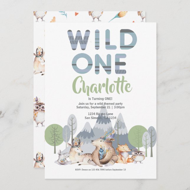 Wild One Süße Tier Geburtstag Einladung (Vorne/Hinten)