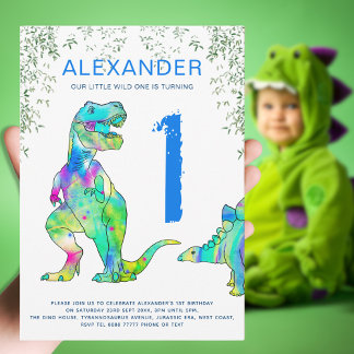 Wild One T Rex 1. Geburtstag Party blau Einladung