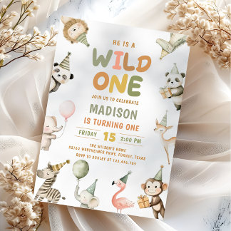 Wild One Tiere Safari zum ersten Geburtstag Einladung