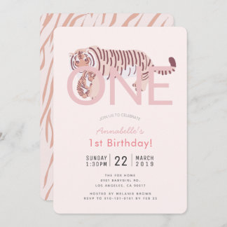 Wild One Tiger Pink Girl 1. Geburtstag Einladung