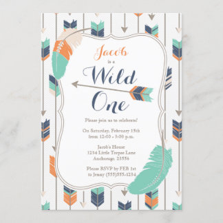 Wild ONE Tribal Arrows Birthday Party Blue Green Einladung