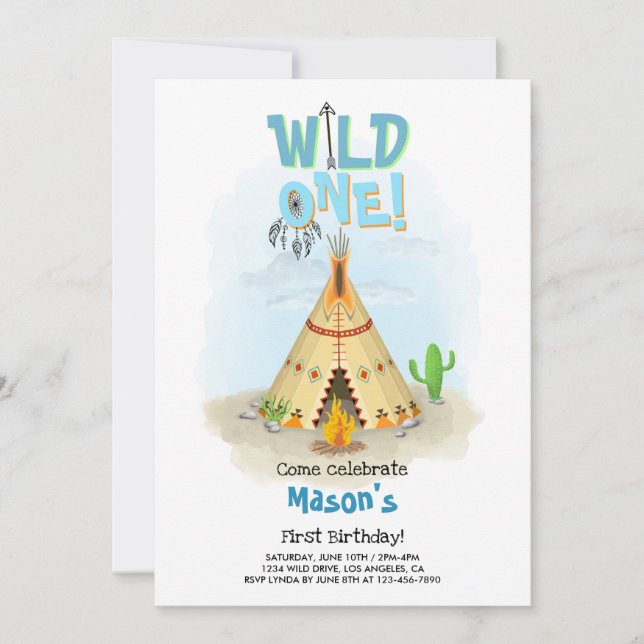 Wild One Tribal Teepee Boy Birthday Einladung (Vorderseite)