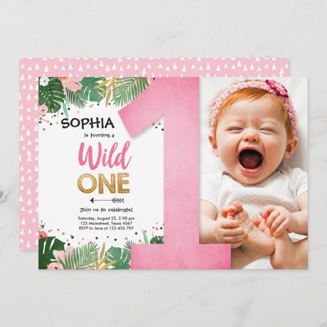 Wild One Tropical Safari Girl Pink Erster Geburtst Einladung (Vorne/Hinten)