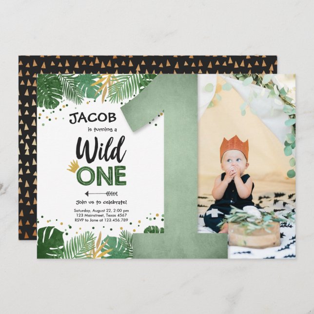 Wild One Tropical Safari Junge Gold Erstgeburt Einladung (Vorne/Hinten)