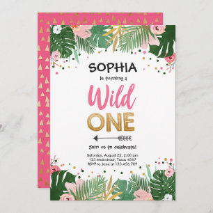 Wild One Tropical Safari Pink Girl Erster Geburtst Einladung