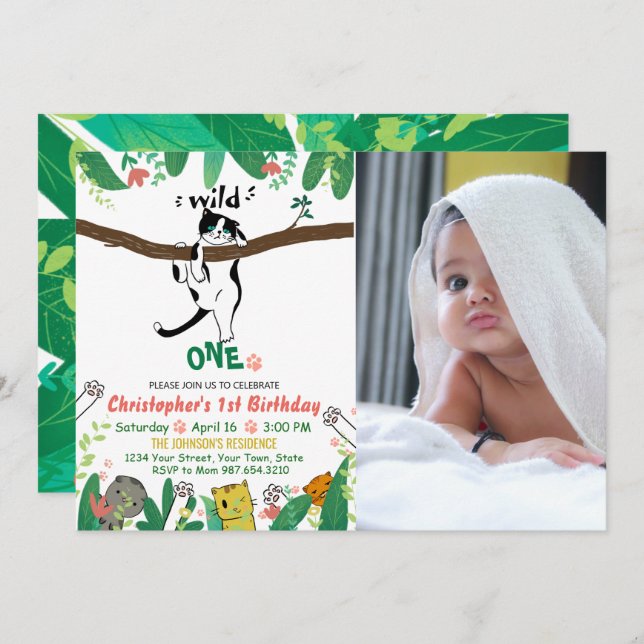 Wild One Tuxedo Kitty Kids 1st Birthday Einladung (Vorne/Hinten)