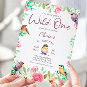 Wild One Watercolor Little Girl Bird 1. Geburtstag Einladung