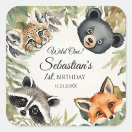 Wild One Woodland Animal Birthday Party Quadratischer Aufkleber