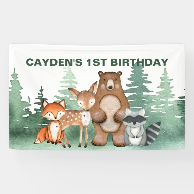 Wild One Woodland Animal First Birthday Banner (Horizontal)