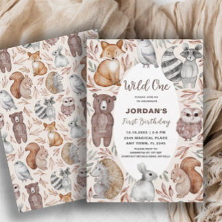 Wild One Woodland Animals erste Geburtstagsparty Einladung
