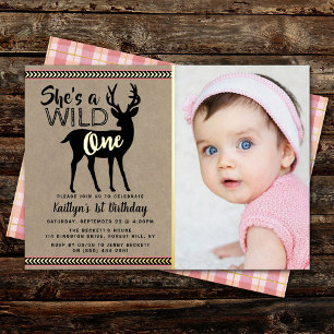 Wild One Woodland Deer Girls 1. Geburtstag Real Folieneinladung