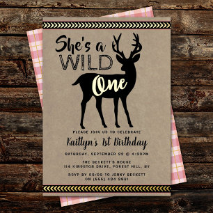 Wild One Woodland Deer Girls 1. Geburtstag Real Folieneinladung