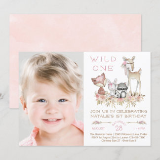 Wild One Woodland Girl Foto erste Geburtstagsparty Einladung