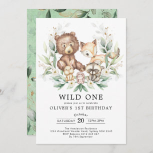 Wild One Woodland Green Gold Geburtstagsparty Einladung