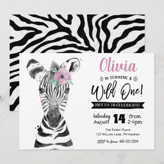 Wild One Zebra | Mädchen Einladung 1. Geburtstag (Vorne/Hinten)