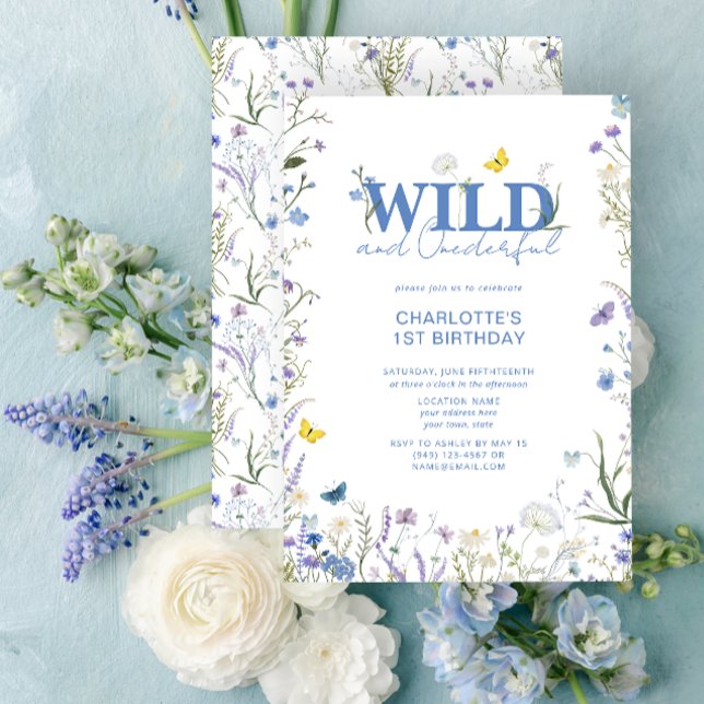 Wild & Onederful 1. Geburtstag Blue Wildblume Einladung (1st Birthday Invitation)