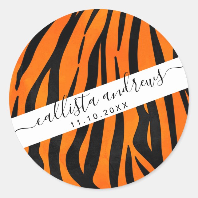 Wild Orange Black Tiger Stripes Animal Print Runder Aufkleber (Vorderseite)