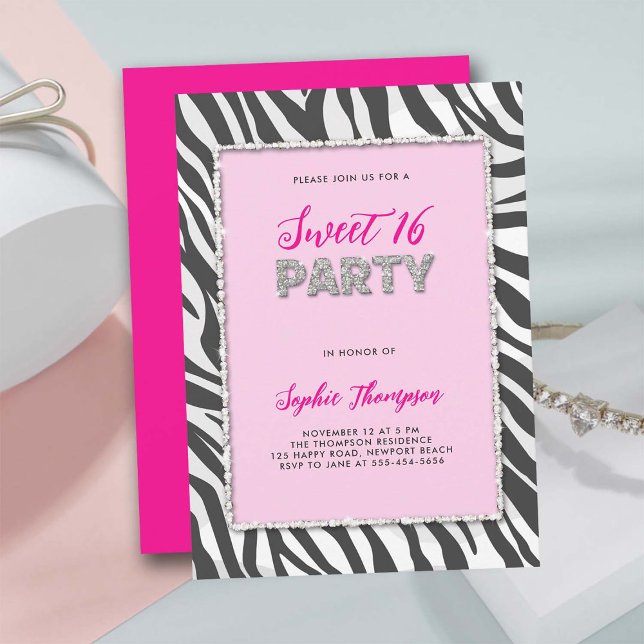 Wild Party Zebra Print Kristall Frame Sweet 16 Einladung (sweet 16 party invitation wild animal zebra print hot pink rhinestone frame elegant girly classy)
