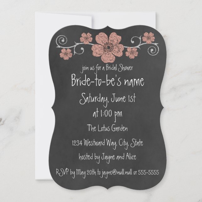 Wild Peach Rose Chalkboard Bridal Einladung (Vorderseite)