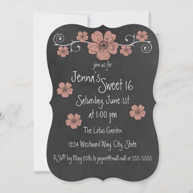 Wild Peach Rose Chalkboard Party Einladung (Vorderseite)