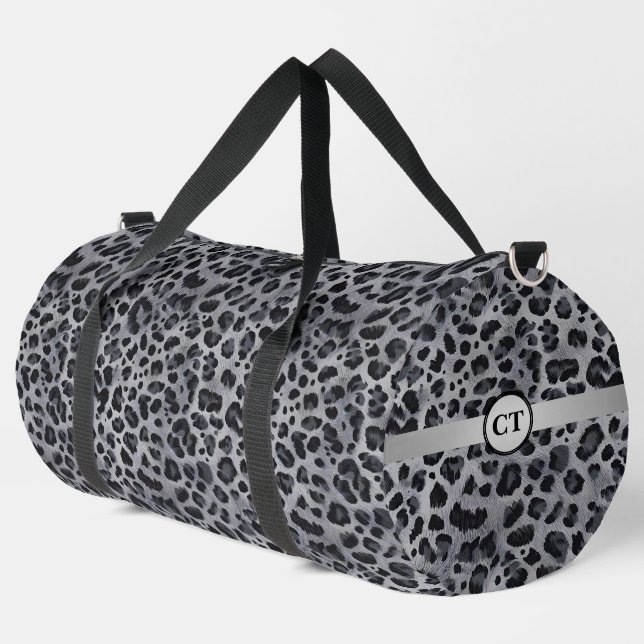 Wild Personalisierter Graue und schwarzer Leopard Duffle Bag (Linke Ecke)