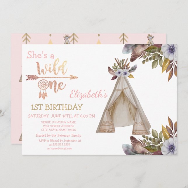 Wild, Pfeile, Zelt, Blume, Boho Birthday Einladung (Vorne/Hinten)