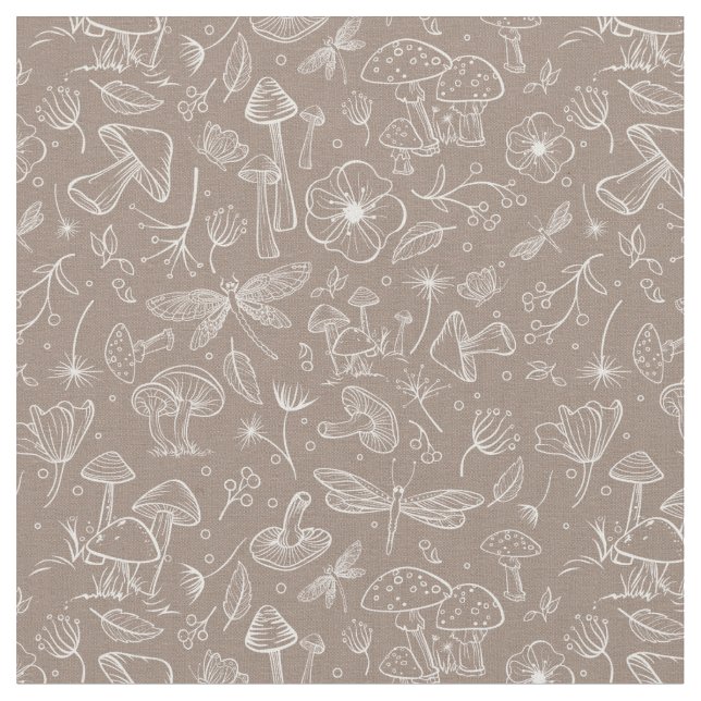 Wild Pilz Botanische Drucksubstanz in Taupe Stoff (Nahaufnahme)