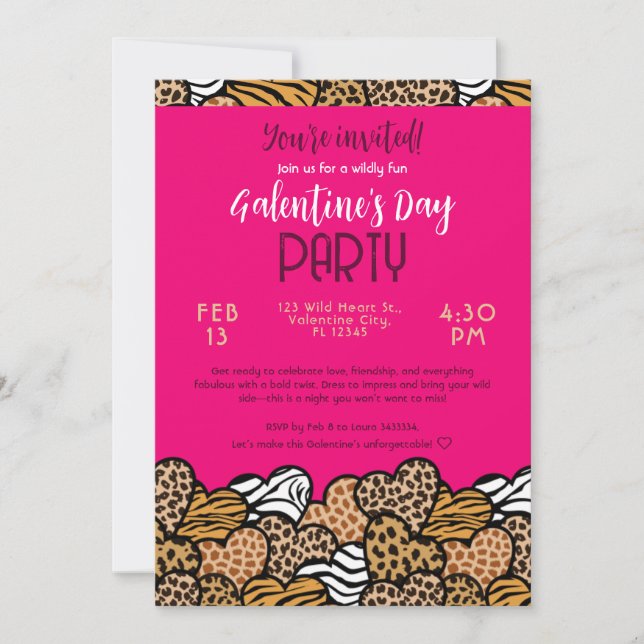 Wild Pink Animal Print Heart Galentine's Day Party Einladung (Vorderseite)