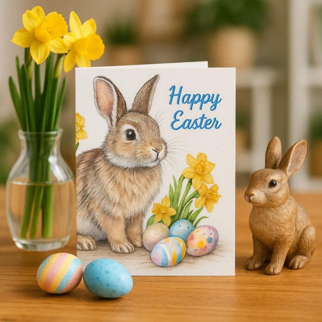 Wild Rabbit with Daffodils Easter Holiday  Karte (Share this charming Easter card featuring a delightful wild rabbit design with friends and family)