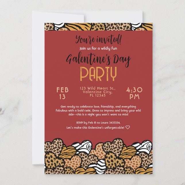 Wild Red Animal Print Heart Galentine's Day Party Einladung (Vorderseite)