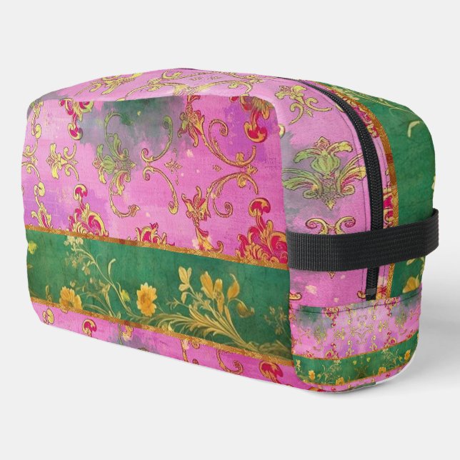 Wild rosa grüne Grunge Damask - Toilettenbeutel Waschbeutel (Linke Seite)