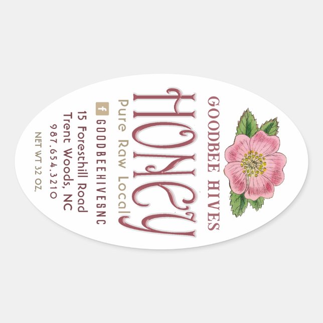 Wild Rose 32 oz Queenline Jar Raw Local Honey Pink Ovaler Aufkleber (Vorderseite)