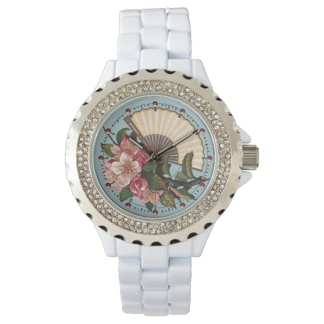 WILD ROSE MIT FARN Pink Blue Floral Armbanduhr (Vorderseite)