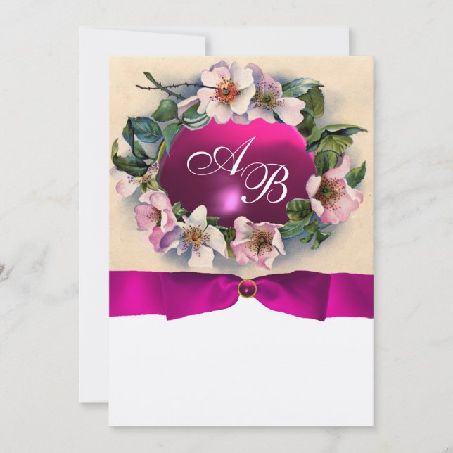 WILD-ROSE MIT PINK RIBBON,MONOGRAM-Goldmetall Einladung (Vorderseite)