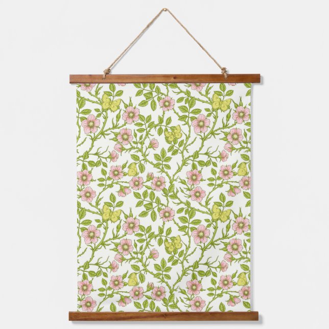 Wild roses and butterflies /pink/pale green/yellow wandteppich mit holzrahmen (Vorderseite)