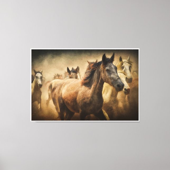 Wild Running Horses: Western Rustic Wildlife Art Leinwanddruck (Vorderseite)