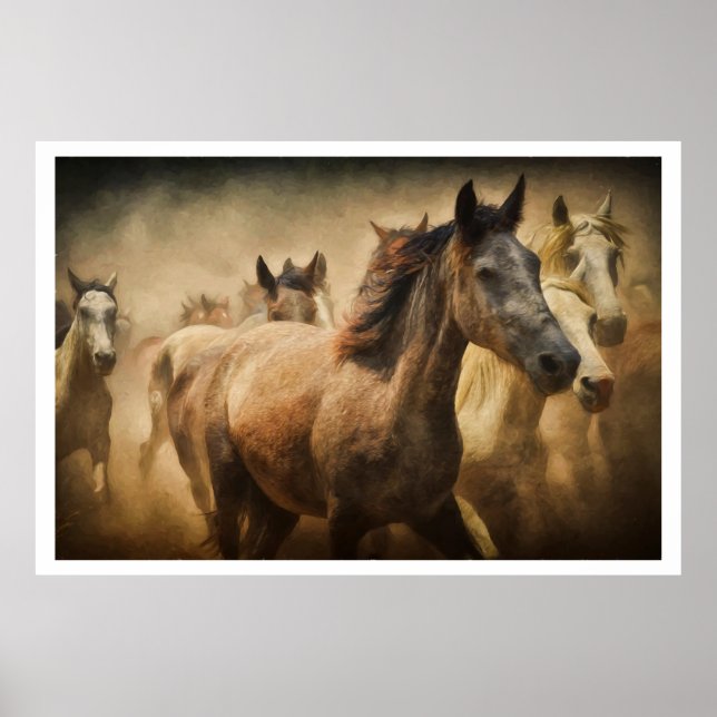 Wild Running Horses: Western Rustic Wildlife Art Poster (Vorne)