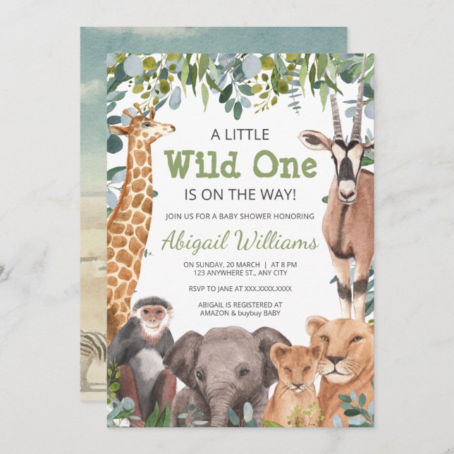 Wild Safari Animal - Giraffe, Elephant Baby Shower Einladung (Vorne/Hinten)