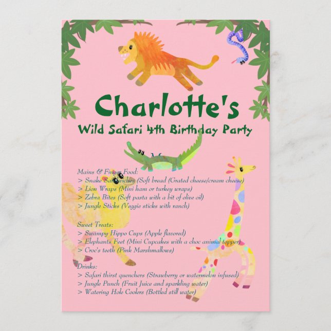 Wild Safari Geburtstagsparty Menükarte (Vorderseite)