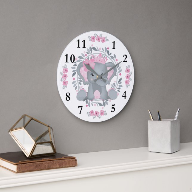 Wild Safari Pink Floral Baby Elephant Baby Kinderz Große Wanduhr (Büro)