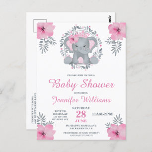 Wild Safari Pink Floral Elephant Baby Shower Invit Postkarte