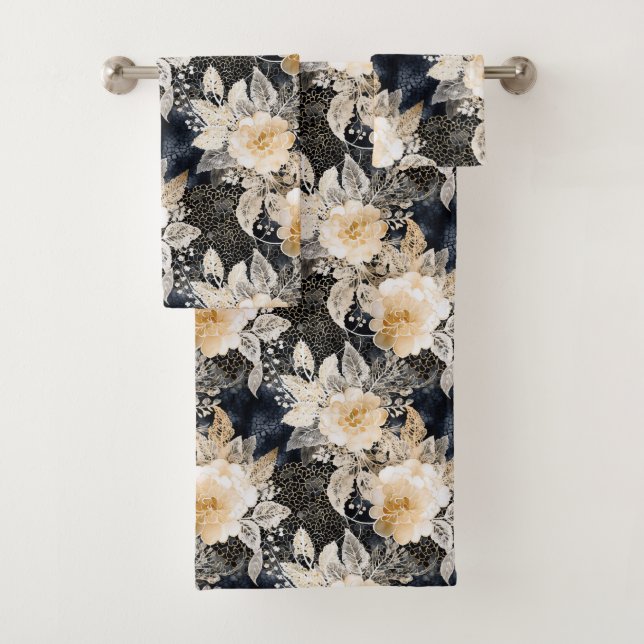 Wild Schwarzer Cream Leopard Tier Floral Badhandtuch Set (Insitu)